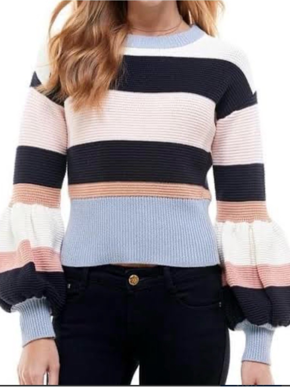 fab'rik Striped Balloon Sleeve Sweater in Navy, Lgt Blue, Pink, White Medium fit